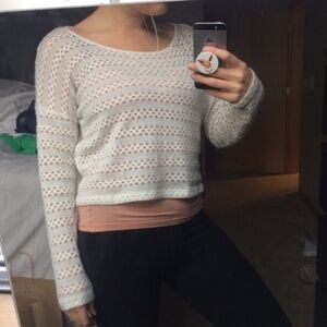 White Sparkle Thread Long Sleeve Open Knit Cropped Sweater